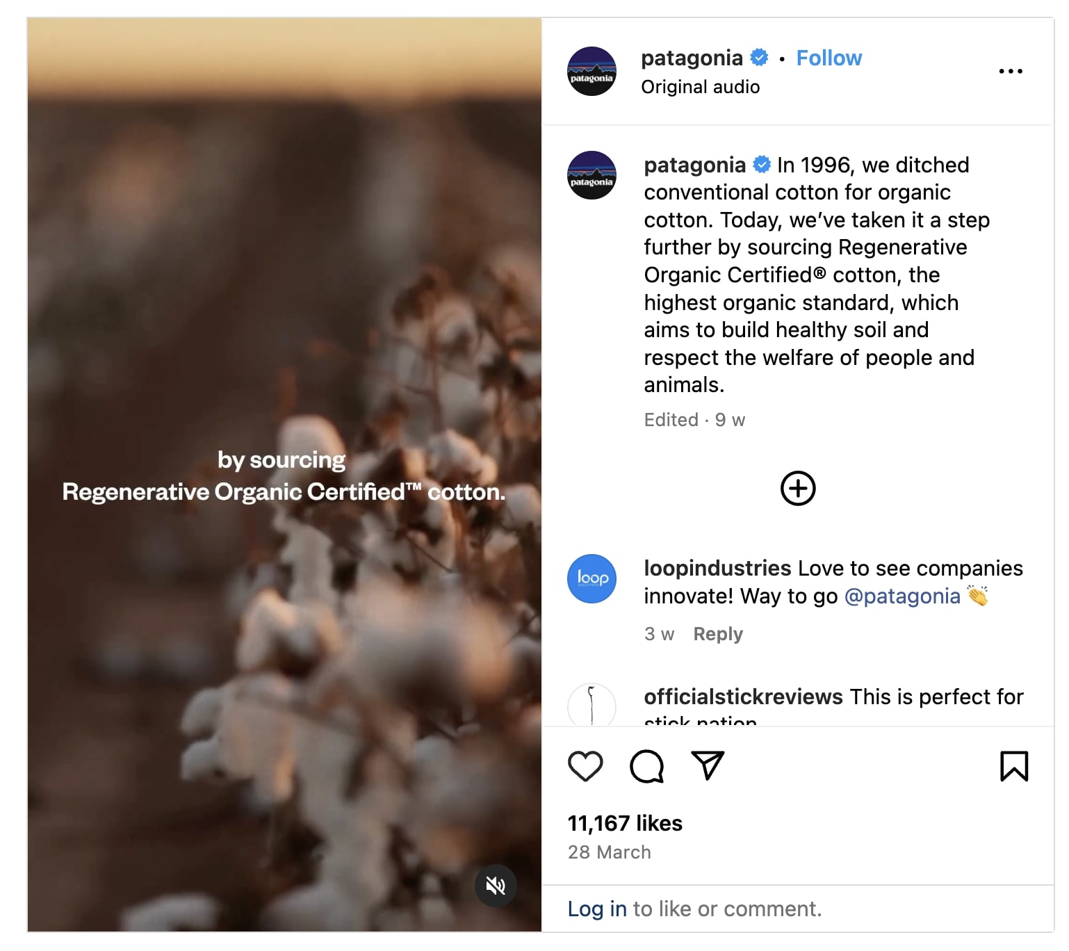 Patagonia Instagram reel with natural cooton field video detailing their mission to source organic cotton