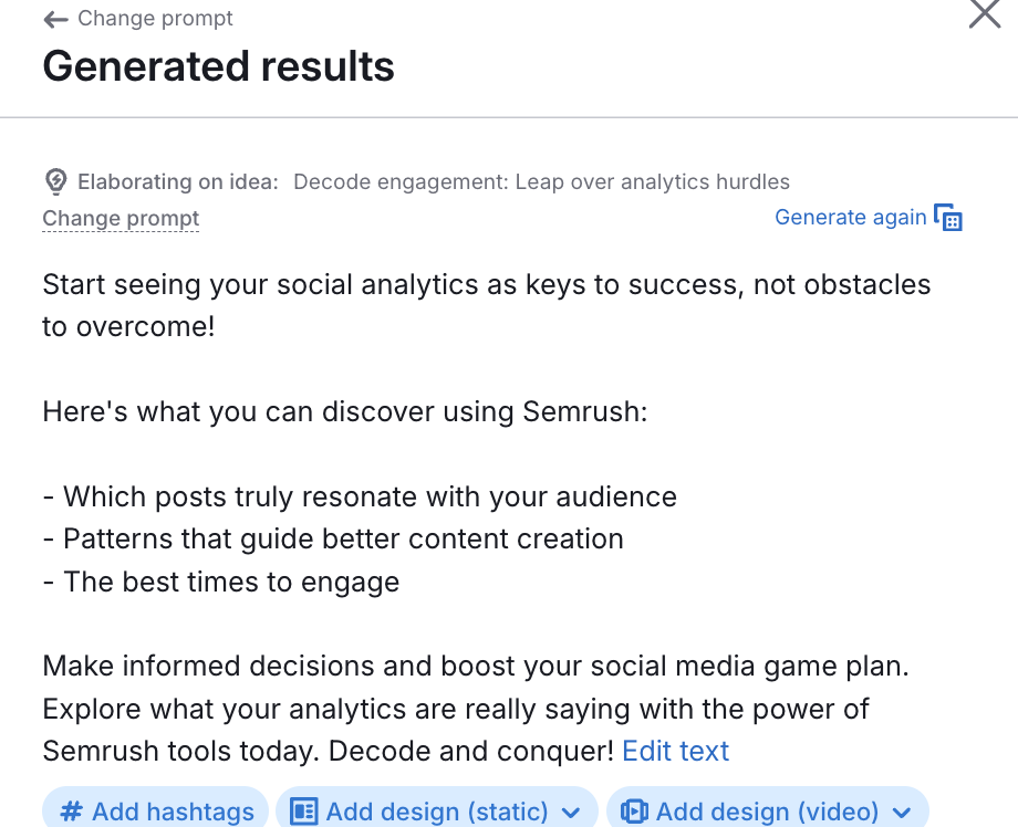 Semrush’s Social Content AI generated results