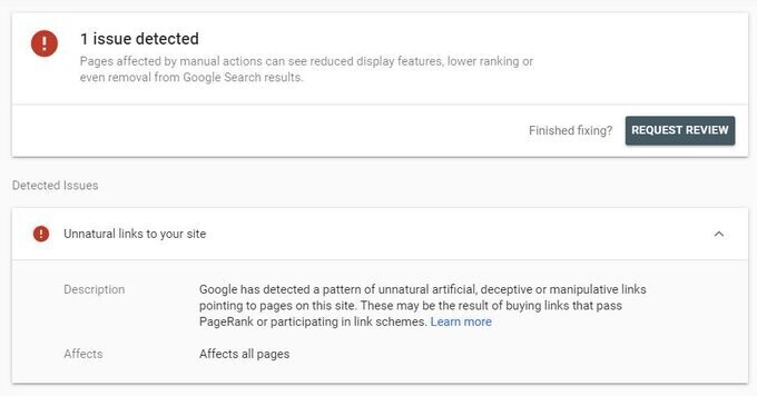 Manual actions report in Google Search Console