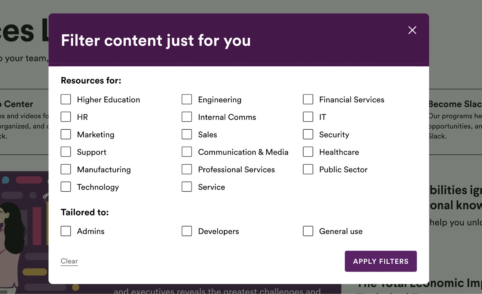 "Filer content just for you" pop-up on Slack's website