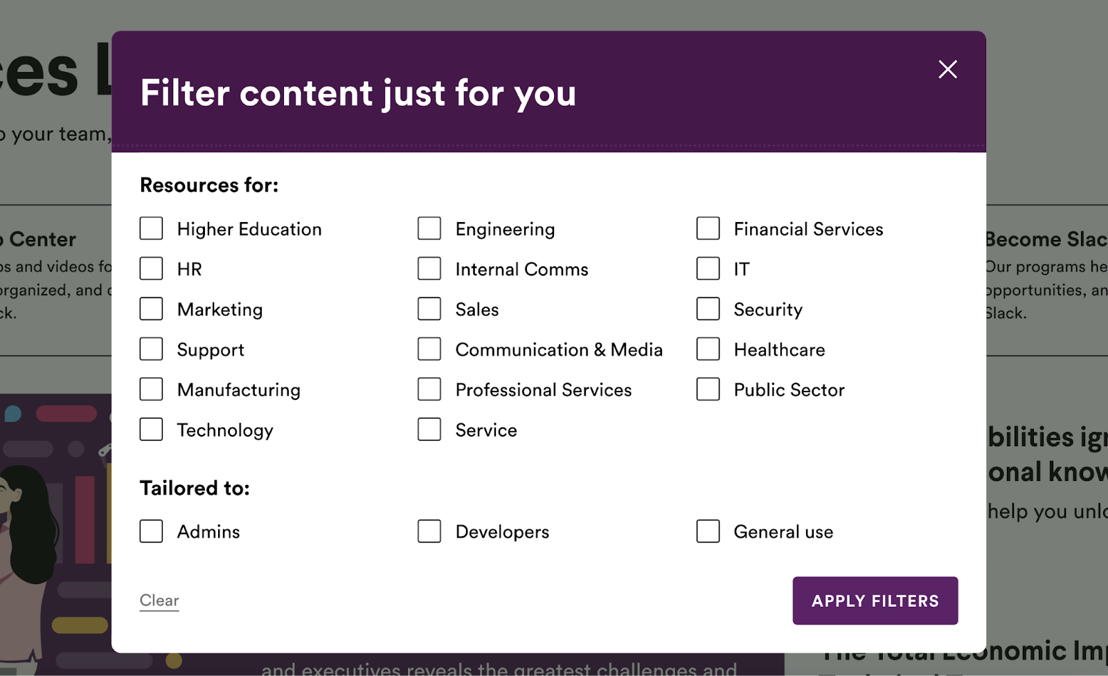"Filer du contenu rien que pour toi" pop-up sur le site web de Slack.