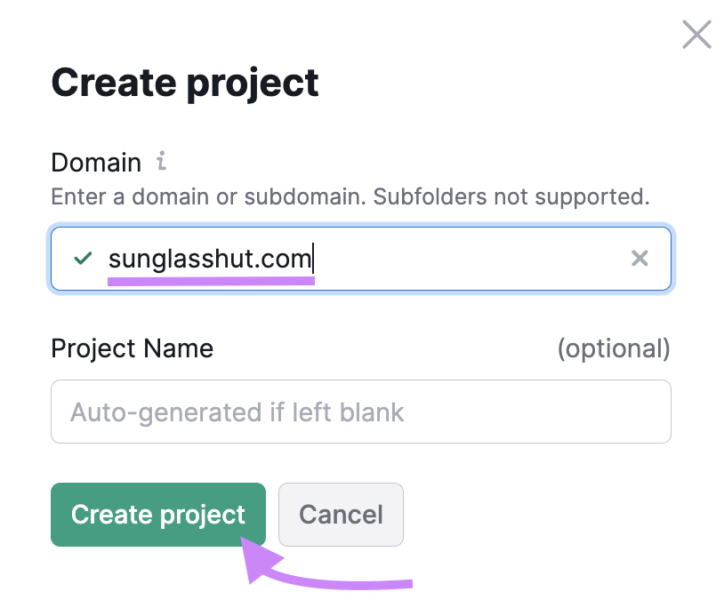 “Create project” pop-up window in Link Building Tool