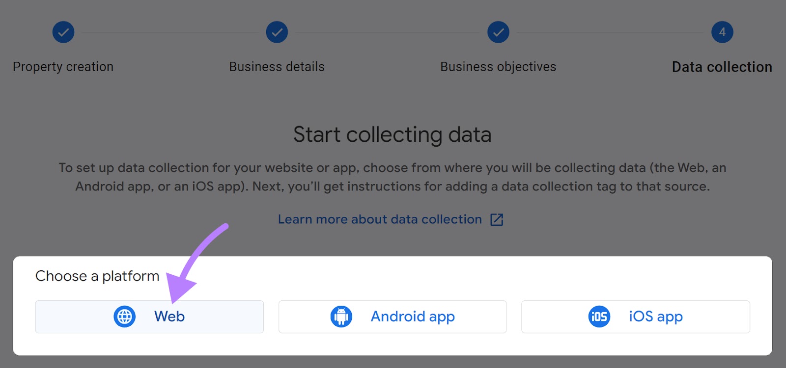"Web" selected under "Choose a platform" section