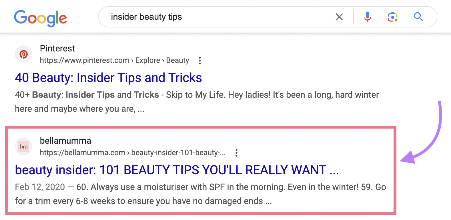 “insider beauty tips” on Google SERP