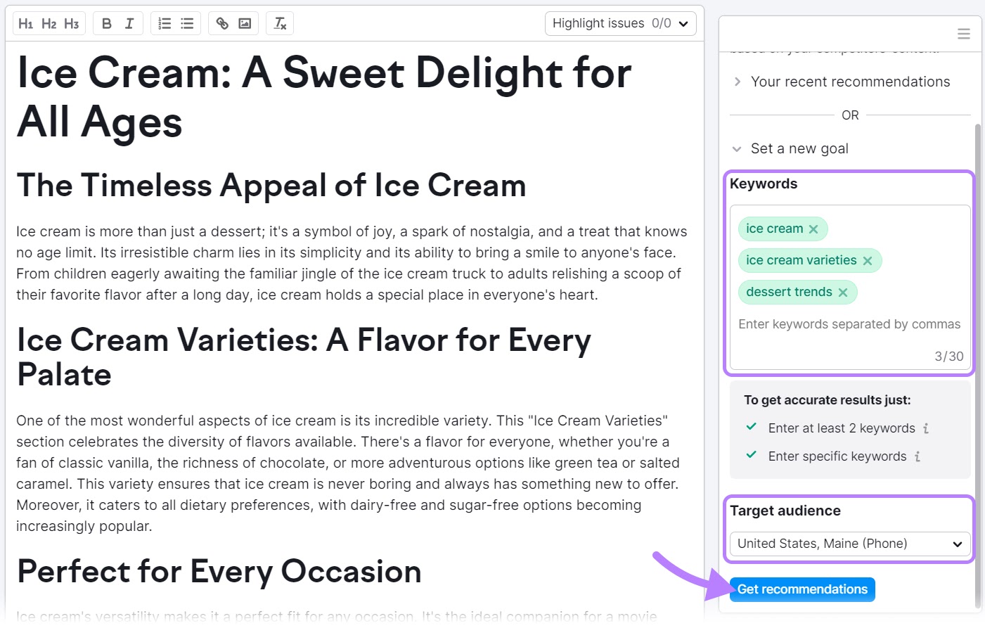 "crème glacée", "variétés de crème glacée" et "tendances en matière de desserts" mots-clés entrés dans l'assistant de rédaction SEO.