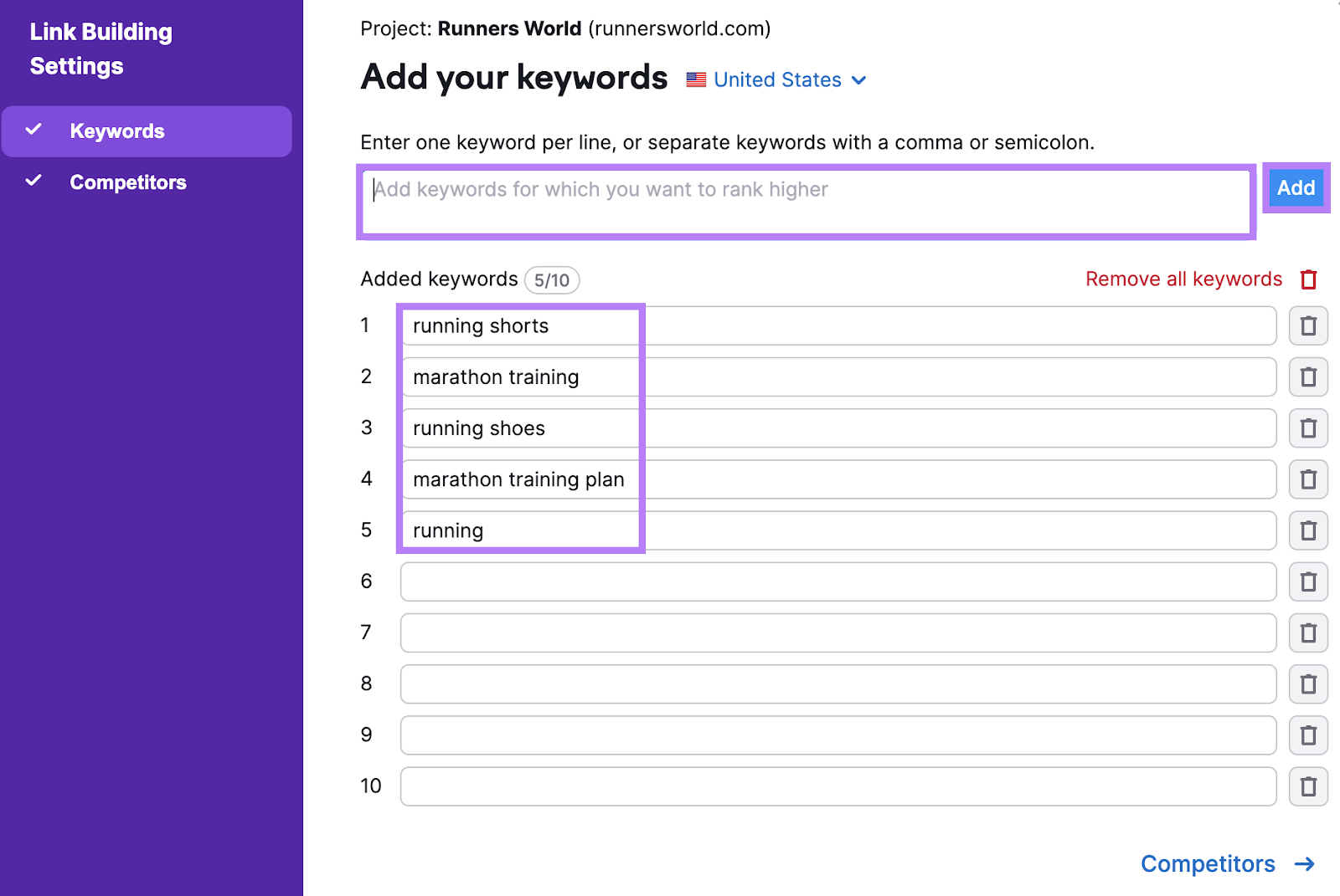 "Add your keywords" set-up window in Link Building tool