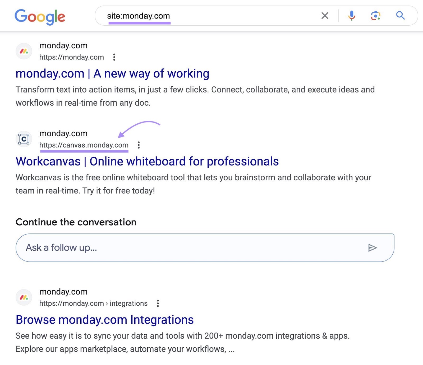 //canvas.moday.com" highlighted successful  Google's SERP for "site:monday.com" tract  search