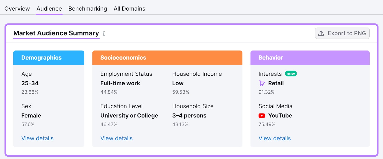 "Market Audience Summary" section of "Audience" report in Market Explorer tool