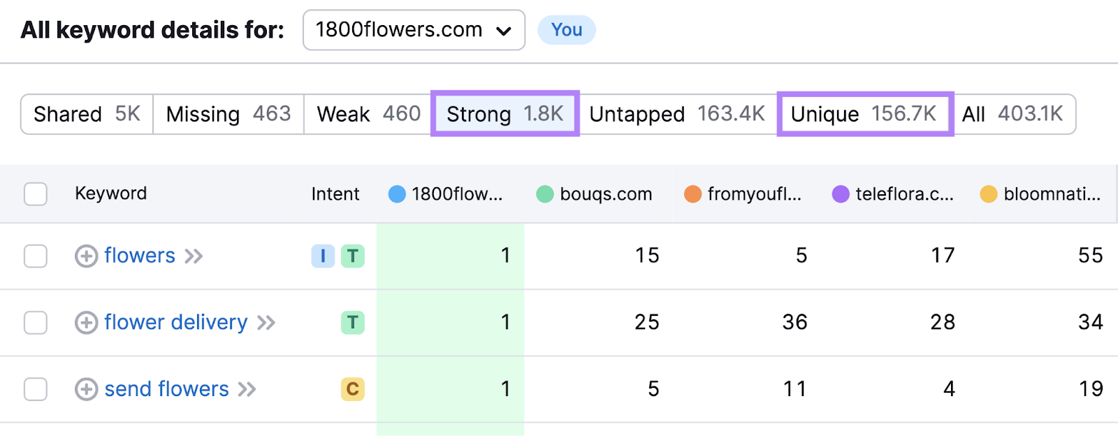 The "Strong," and "Unique" keywords tab in Keyword Gap tool