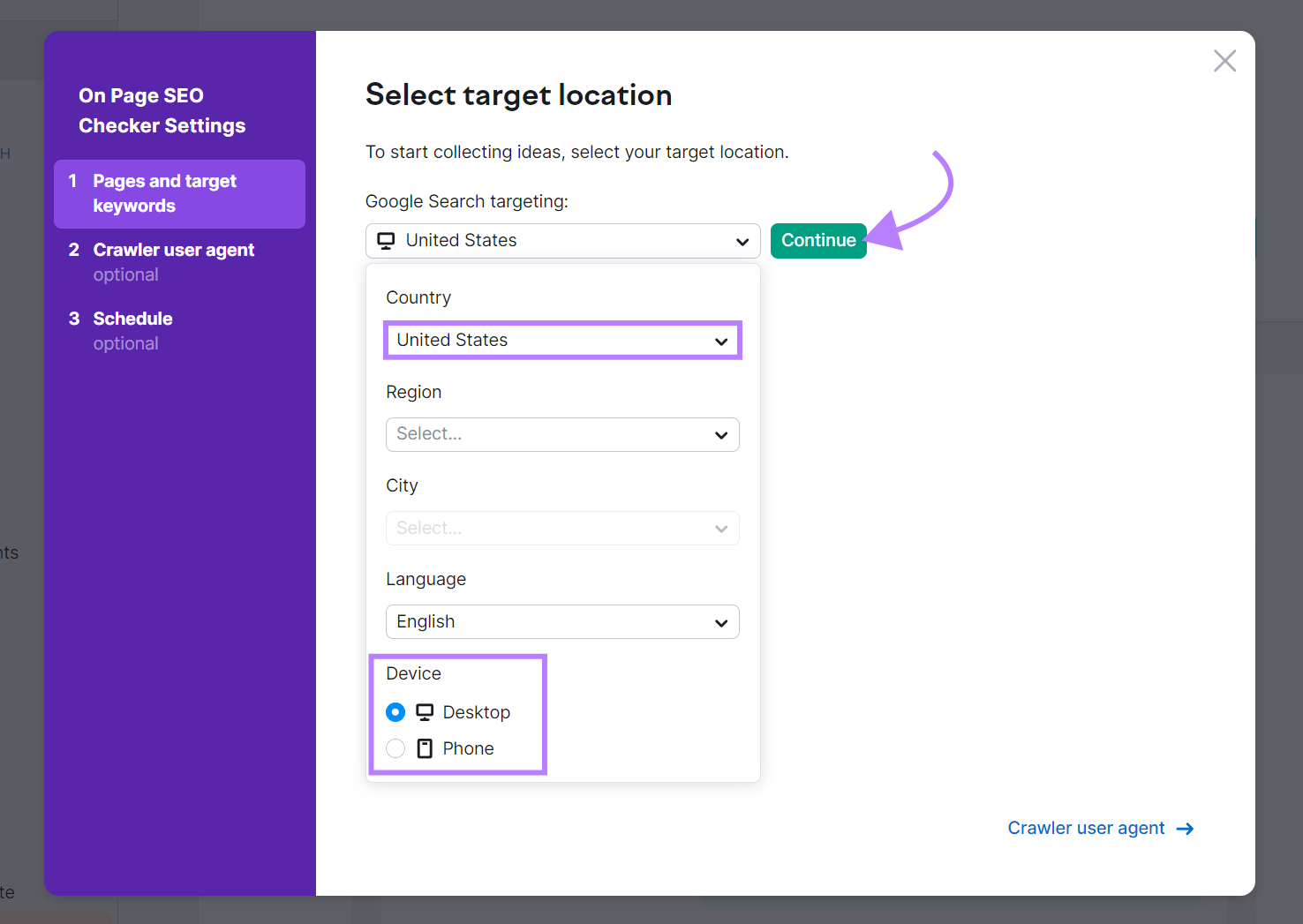 On Page SEO Checker's target location settings