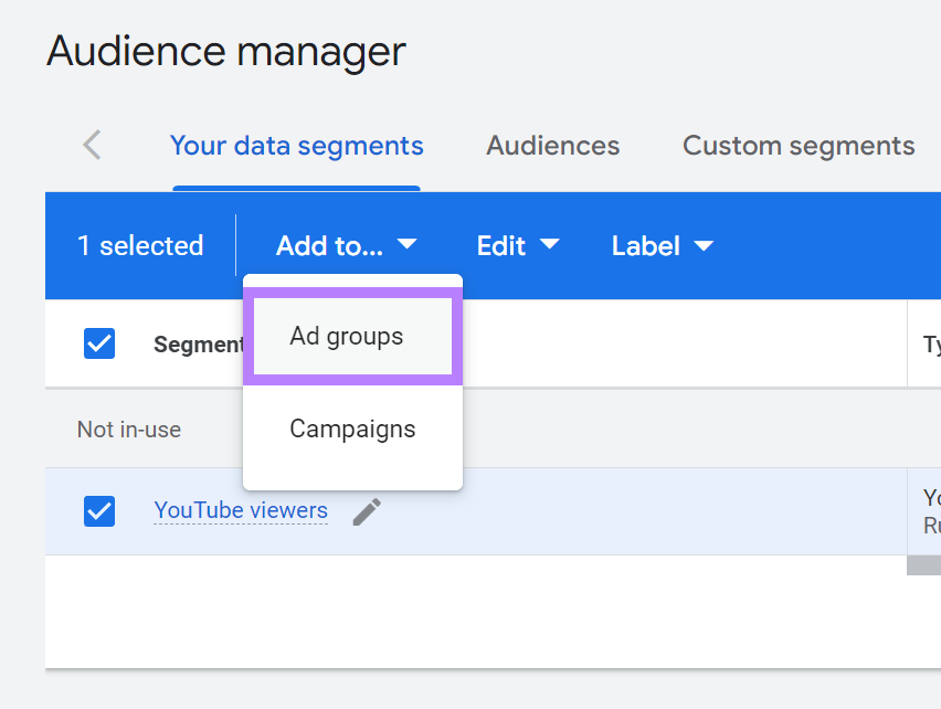 "Ad groups" option selected under “Add to…” drop-down menu