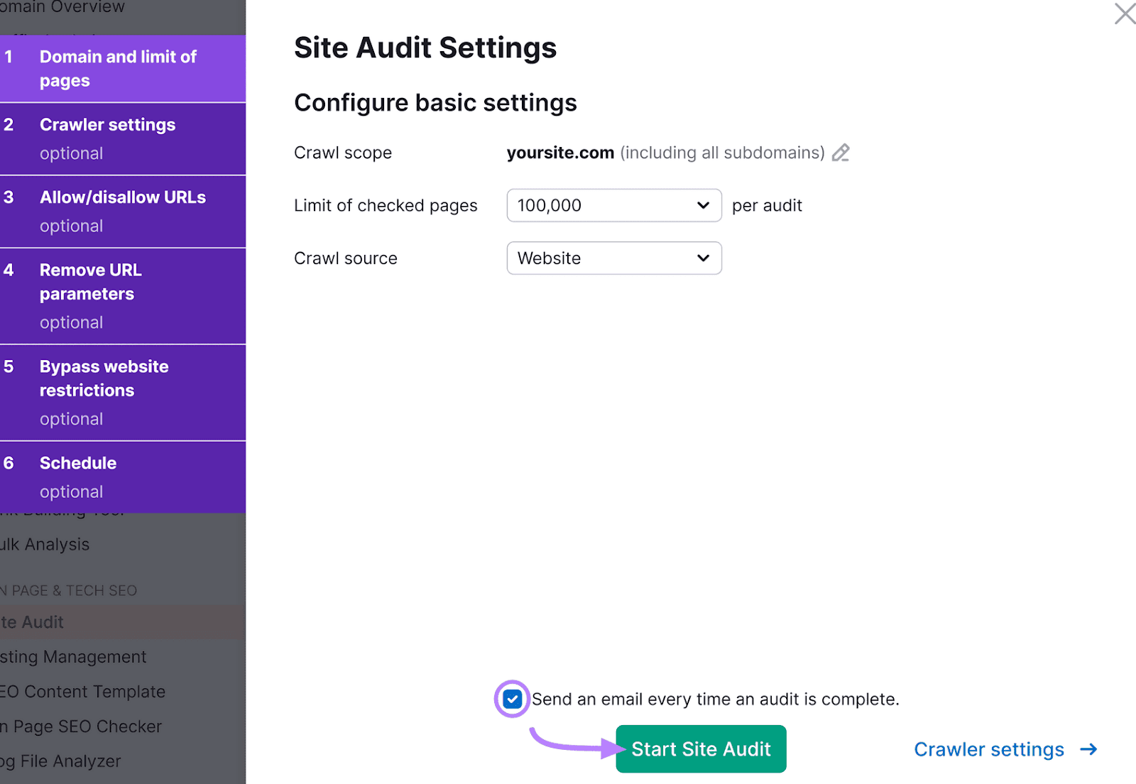 "Site Audit Settings" window with navigation menu and configuration options