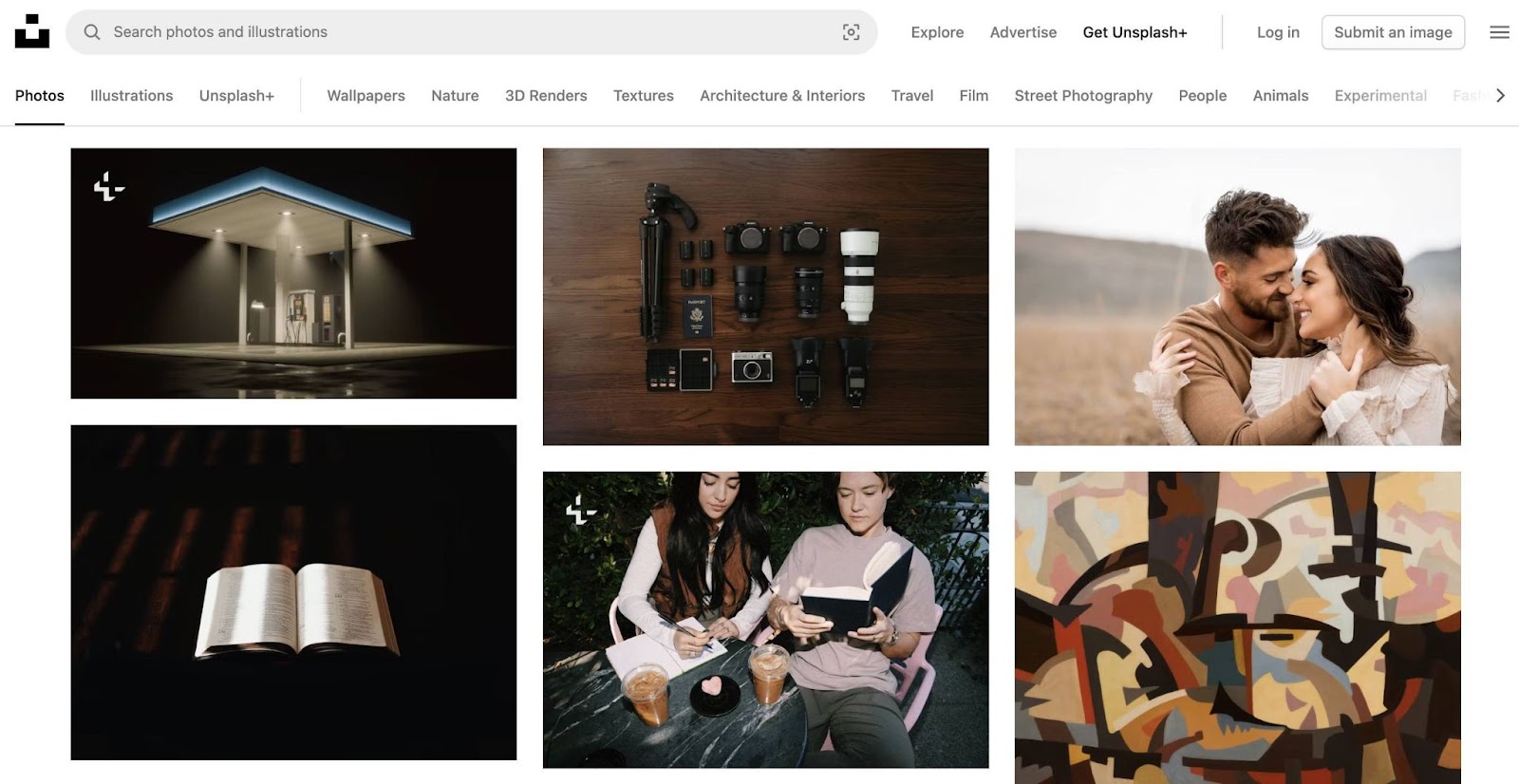 Unsplash homepage with multiple high-quality images from their library displayed.