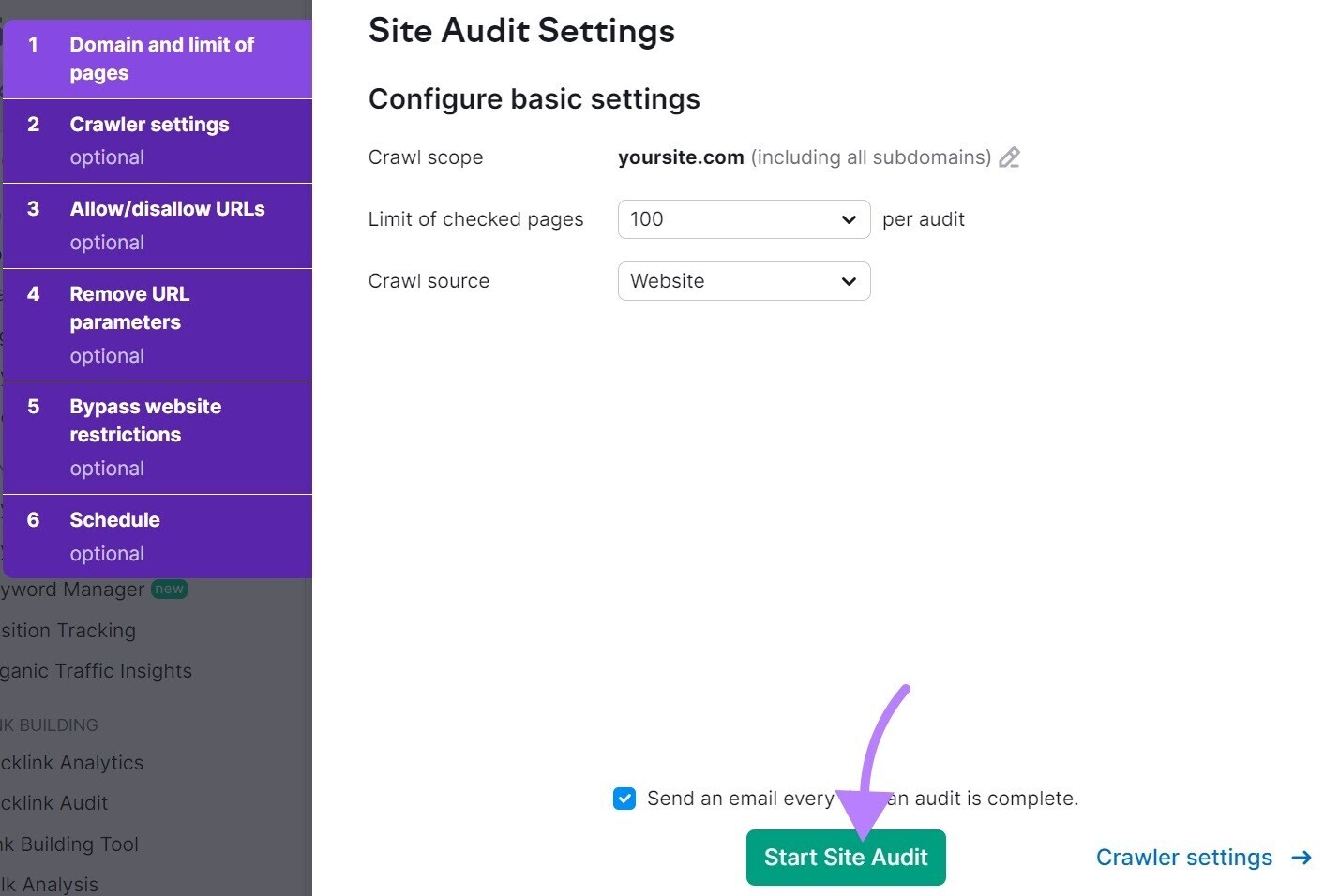 "Site Audit Settings" page