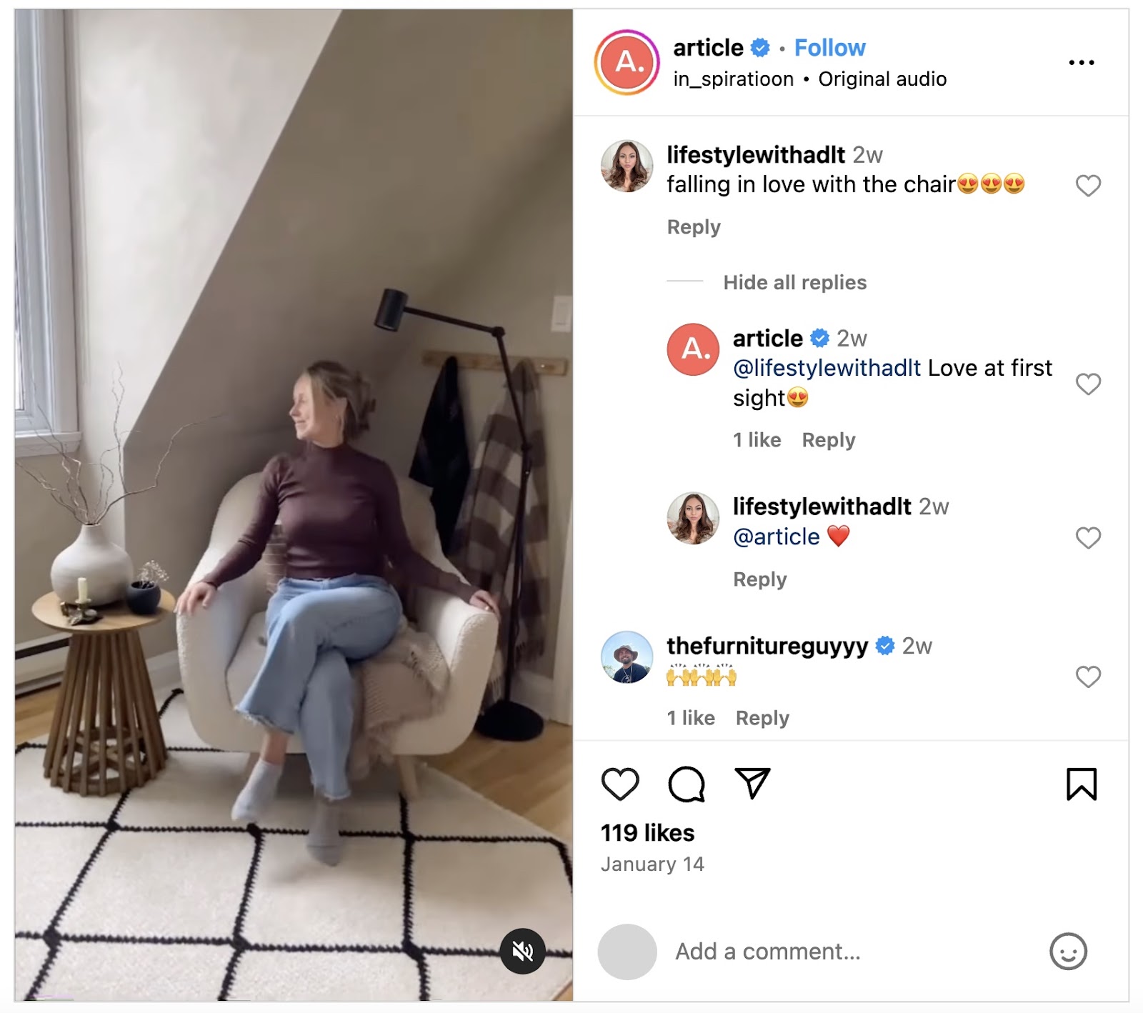 Furniture company Article' Instagram replies