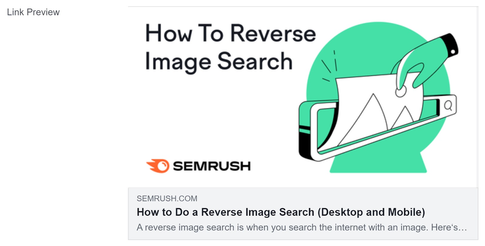 "Link Preview" section showing how Semrush's blog on reverse image search would appear on Facebook