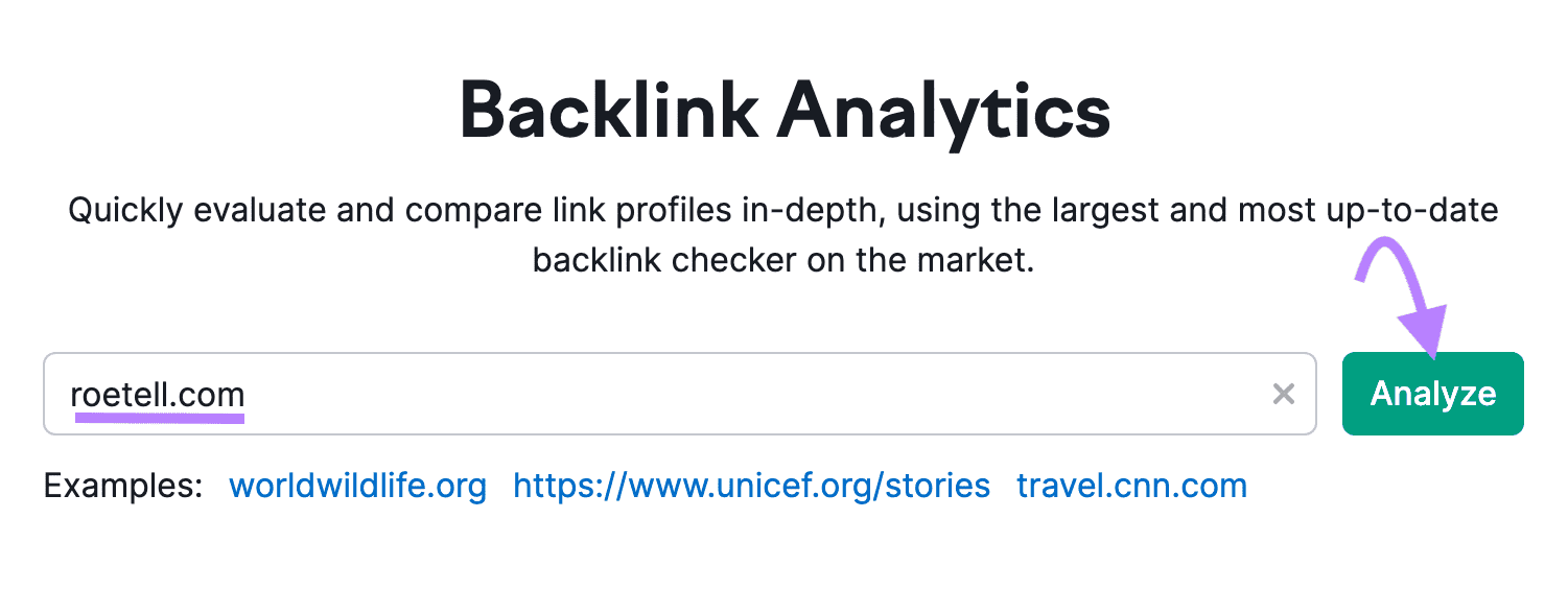 "roetell.com" entered into Backlink Analytics search bar