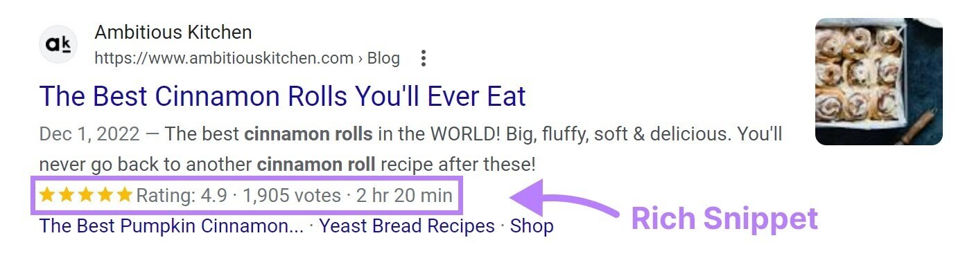 an example of a rich snippet in Google SERP showing rating, votes and time to cook