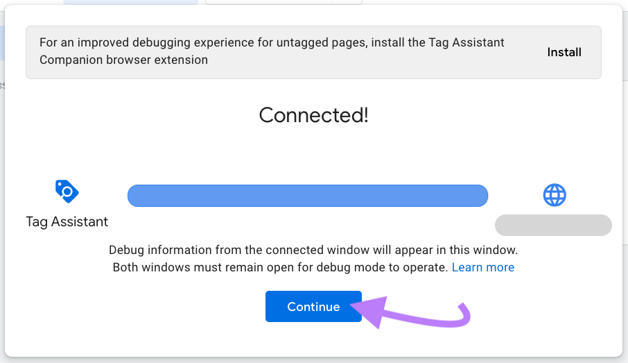 Tag Assistant tab in browser with "Connected" message