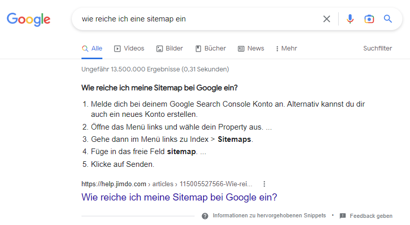 Google-Screenshot: Liste in hervorgehobenem Snippet