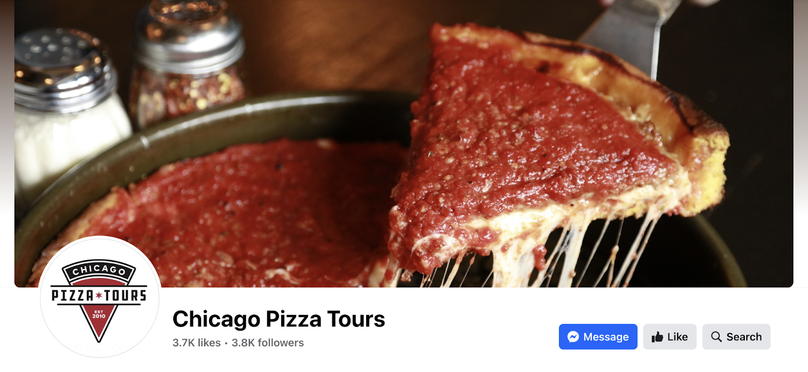 pizza brand's page shows deep dish pizza and a similar logo