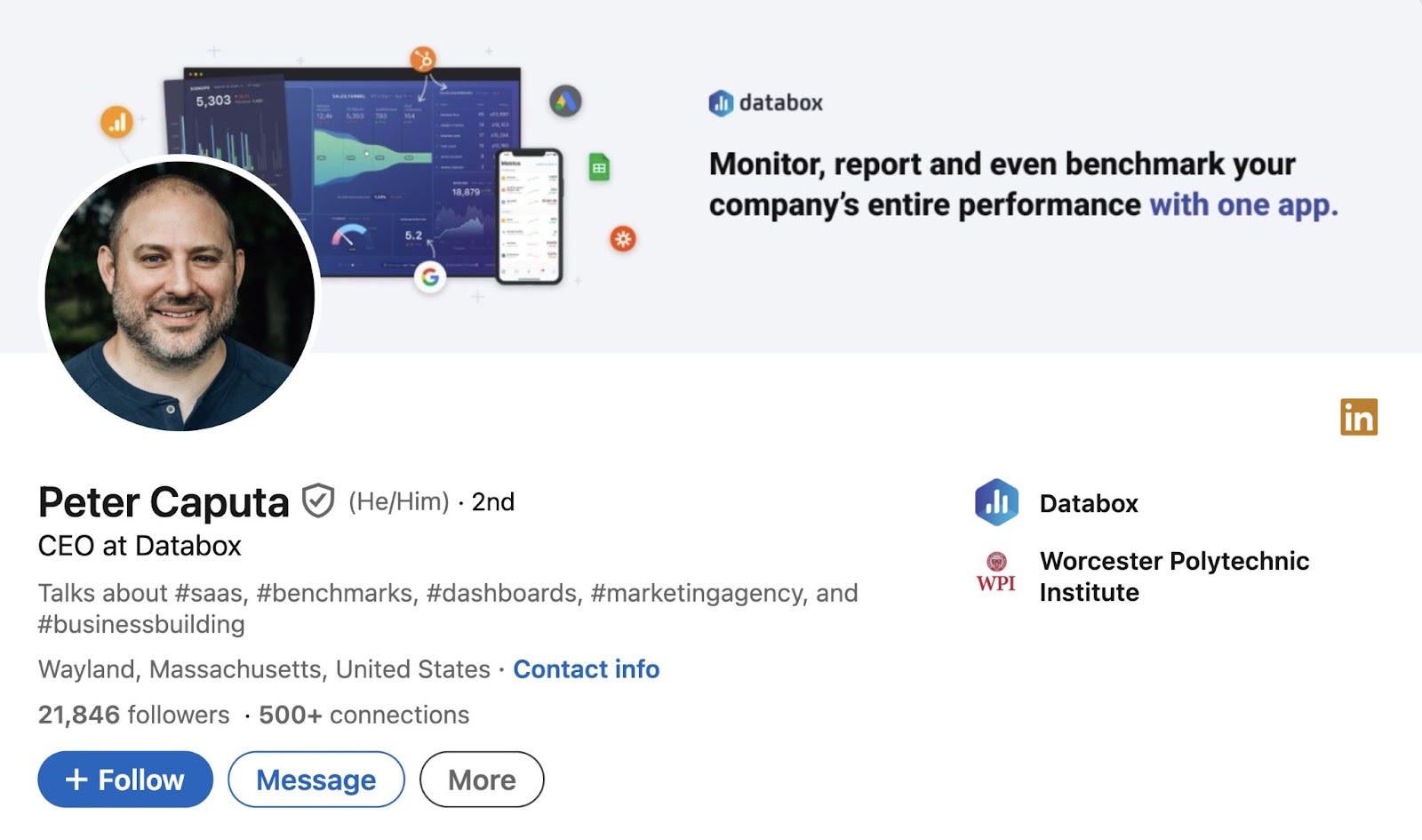 Databox CEO Peter Caputa's LinkedIn profile