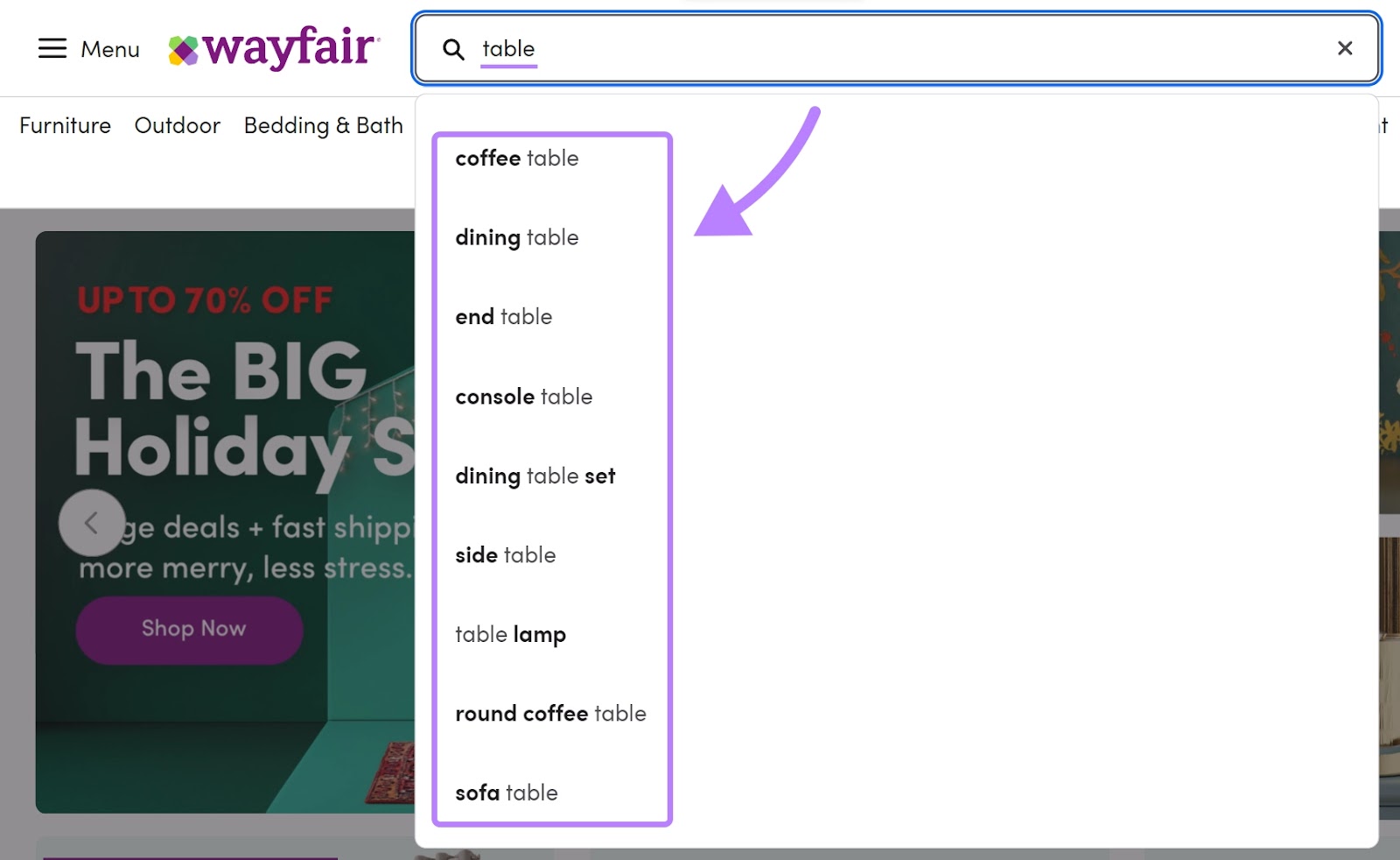 Wayfair’s search navigation suggestions when typing "table" in the search bar