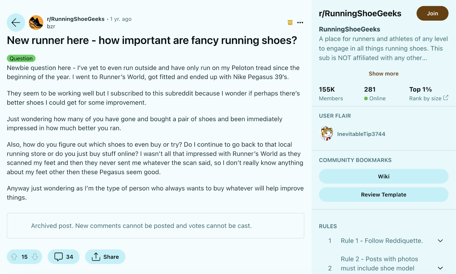 subreddit for running shoe geeks with a thread about the importance of fancy running shoes