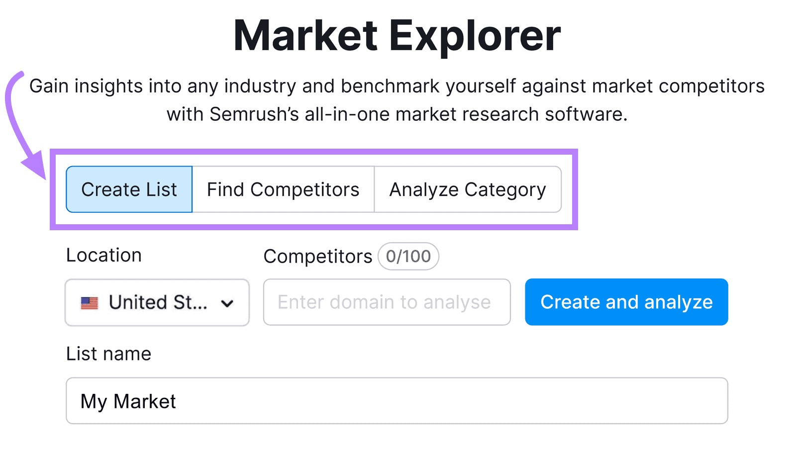 Recherche dans l'outil Market Explorer avec l'option « Créer une liste » en surbrillance