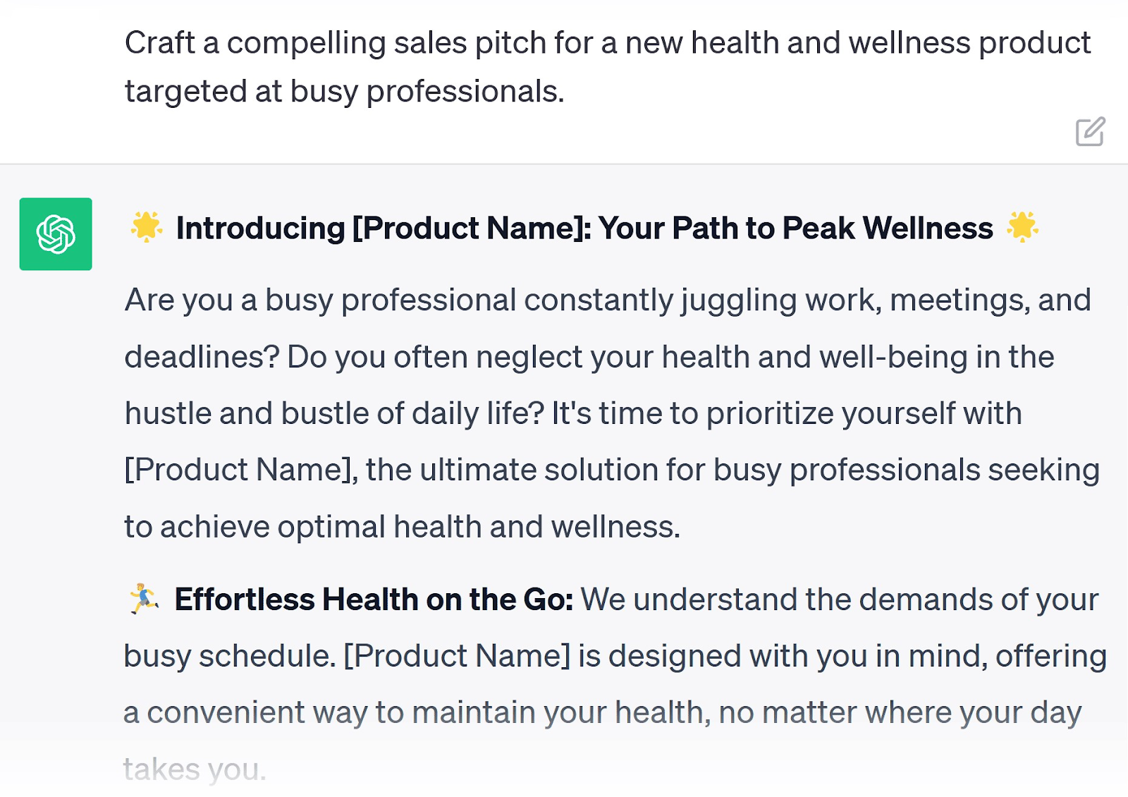 A prompt asking ChatGPT to write a sales pitch for a new health and wellness product targeted at busy professionals