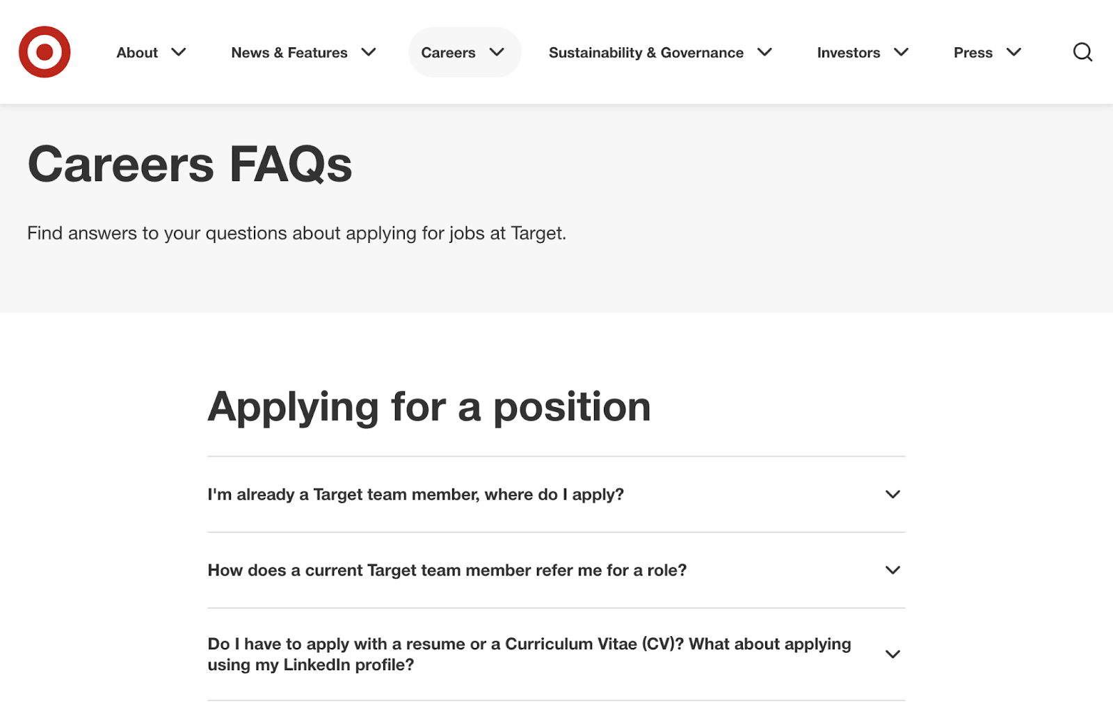 Target's career faq page answers questions about applying for a position