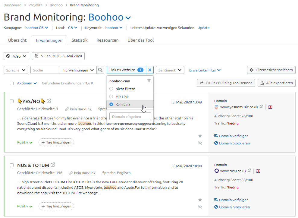Brand Monitoring: Liste der Erwähnungen