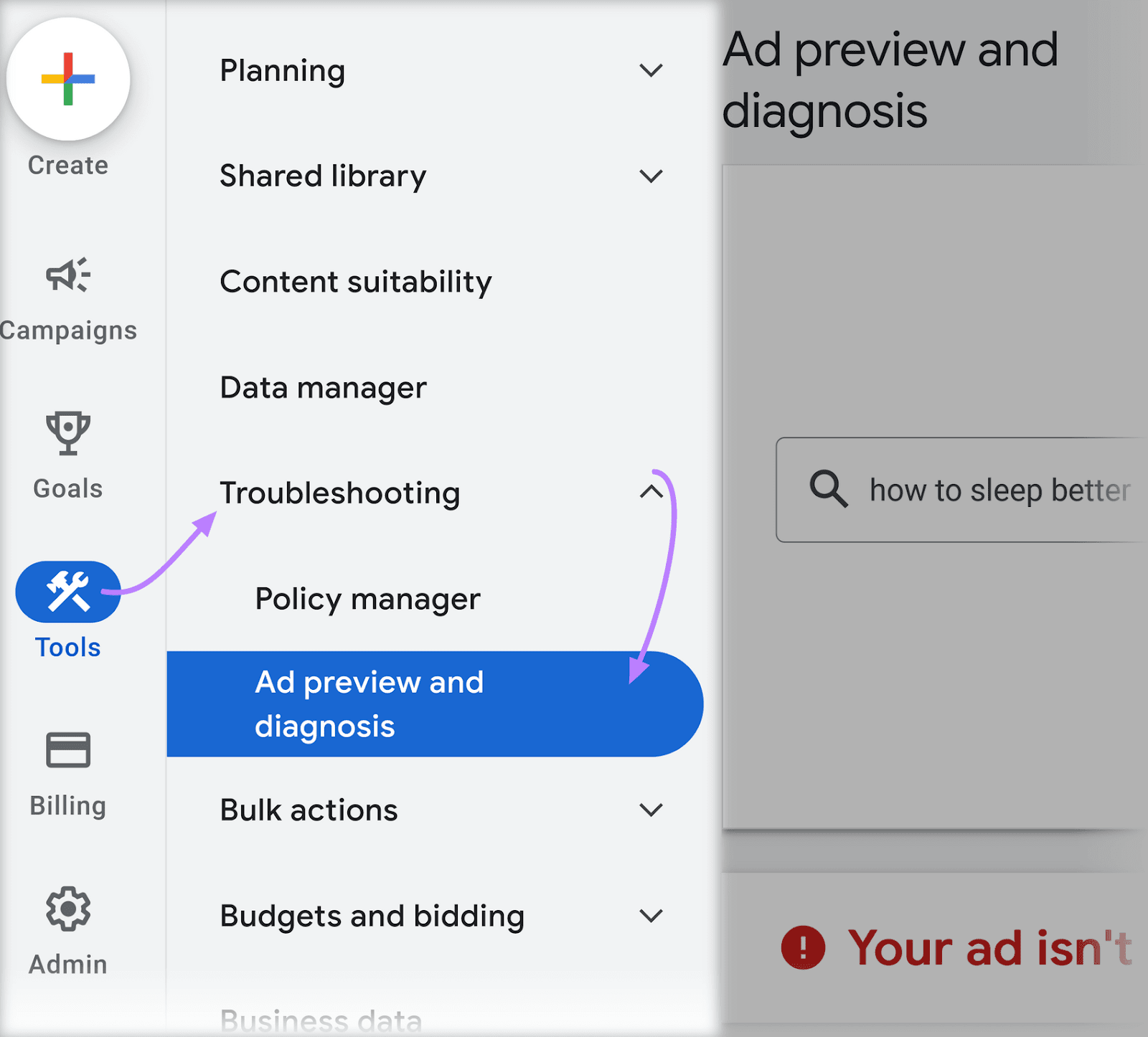 Menú de Google Ads con los cuadros de texto "Herramientas", "Solución de problemas" y "Previsualización y diagnóstico de anuncios" resaltados.