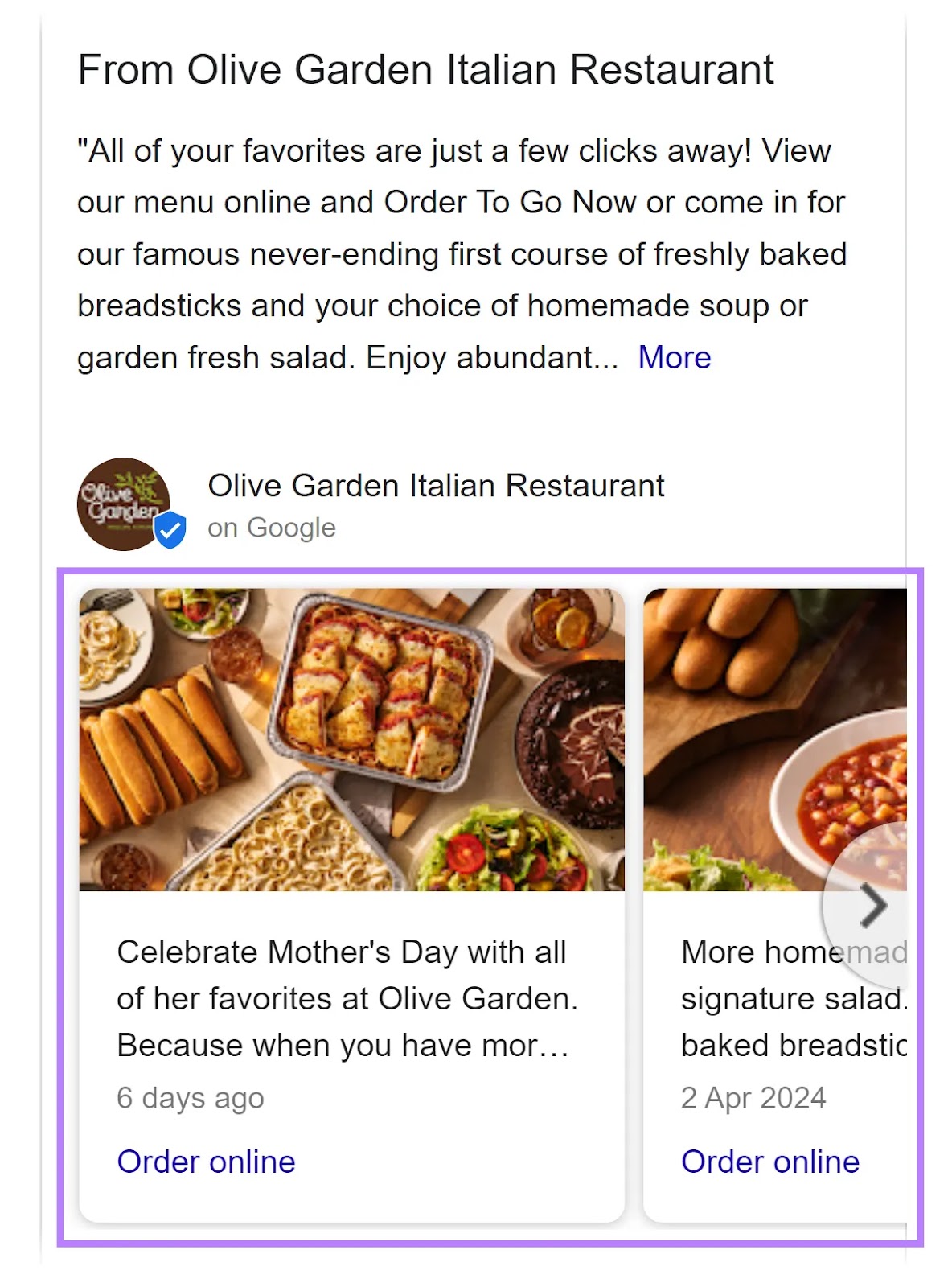 Google Business Profile Posts section of "Olive Garden Italian Restaurant" with the "Order online" CTA button.