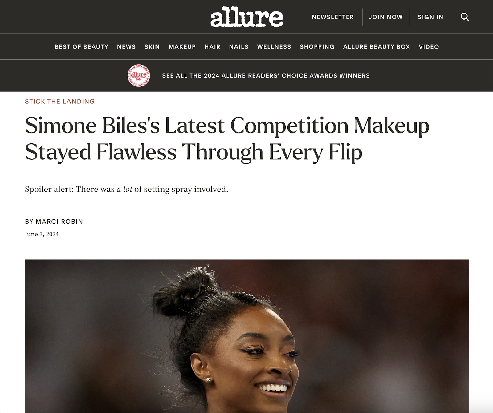 Allur's non-ymyl article on Simone Biles's makeup routine