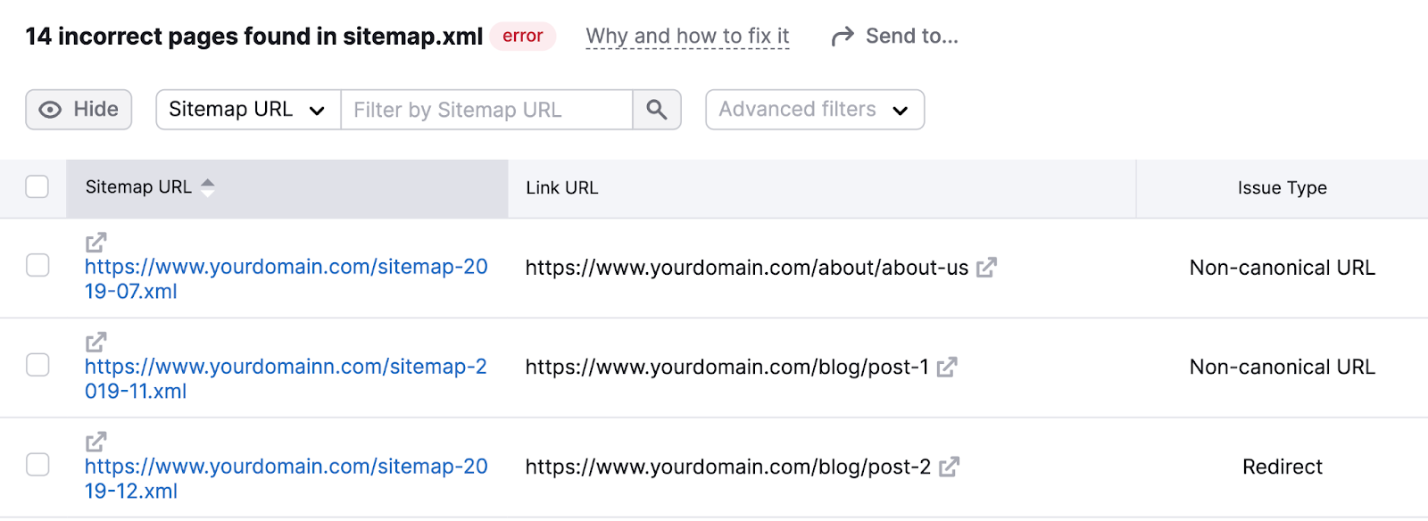 list of sitemap urls and the nexus  urls with contented   type. for illustration  non-canonical URL oregon  redirect.