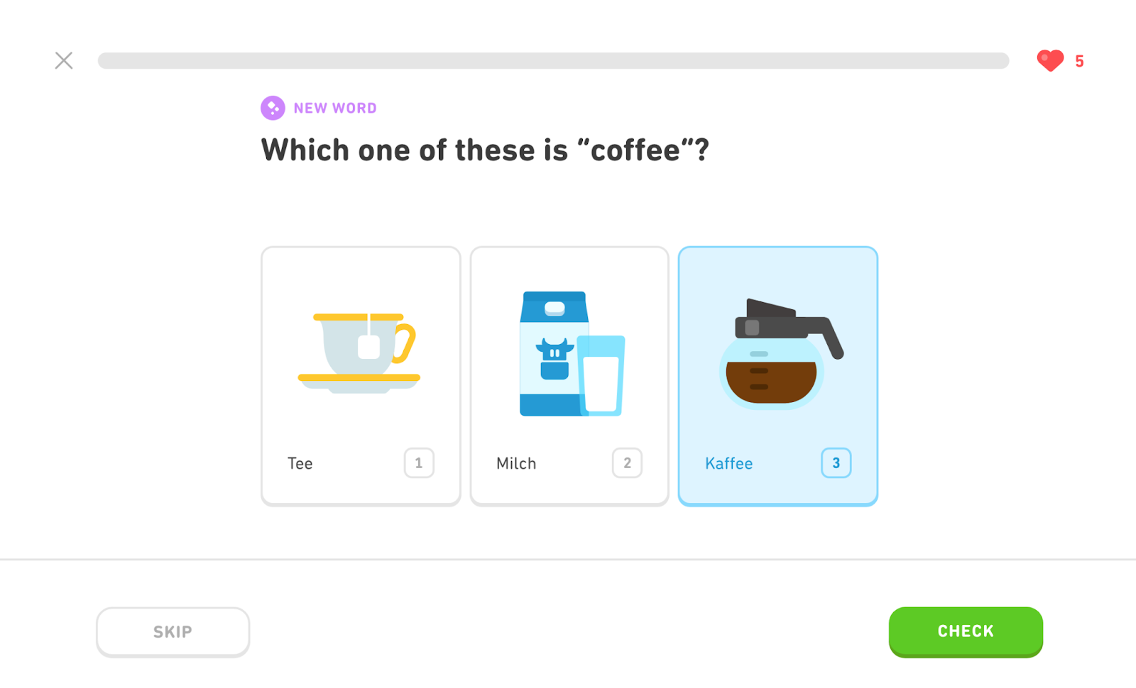 Duolingo interface showing an interactive German connection   learning quiz asking the pupil  for the German connection     for coffee.