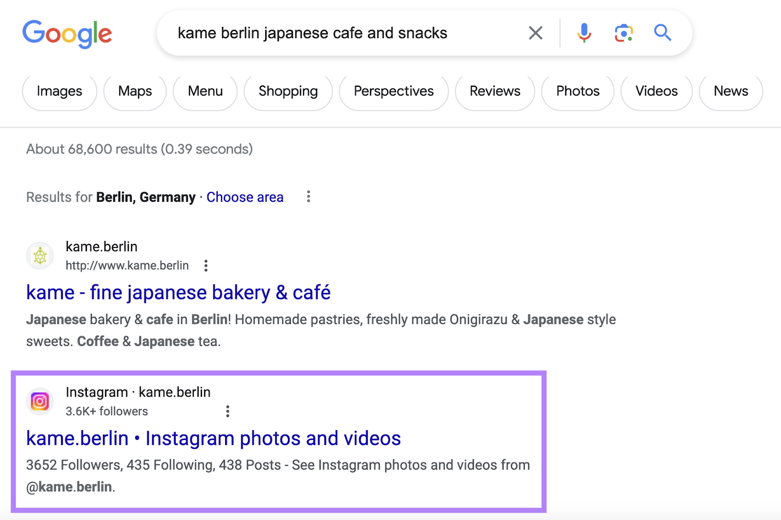 Instagram profile of a cafe bar ranking in search results