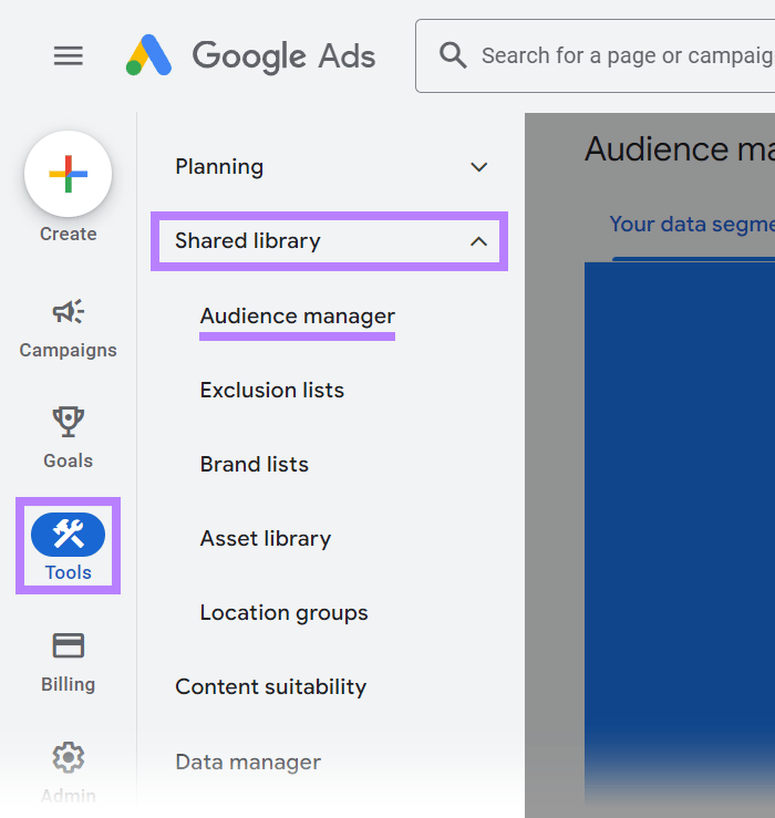 navigating to “Audience manager" in Google Ads account
