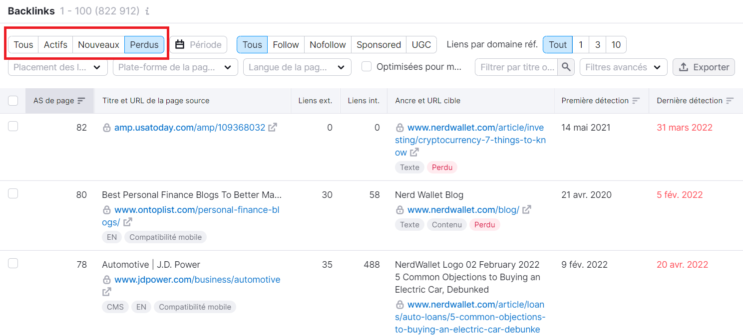 Analyse de backlinks, onglet Backlinks, filtre perdus