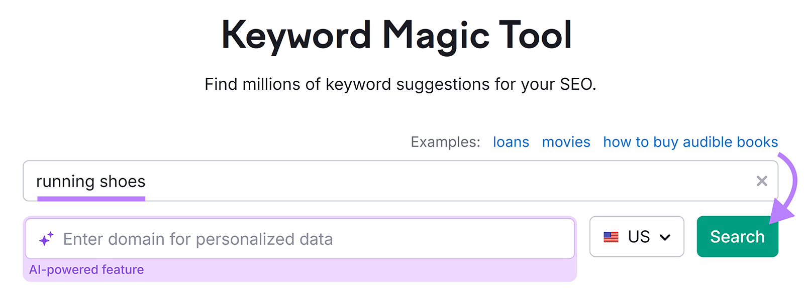 Keyword Magic Tool start with 'running shoes' in keyword field and arrow pointing to 'Search' button