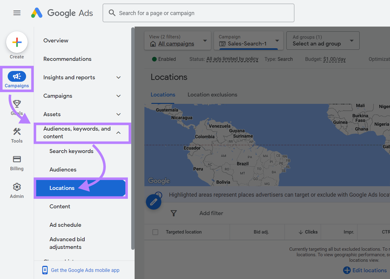 Navigating to “Locations" successful  Google Ads sidebar