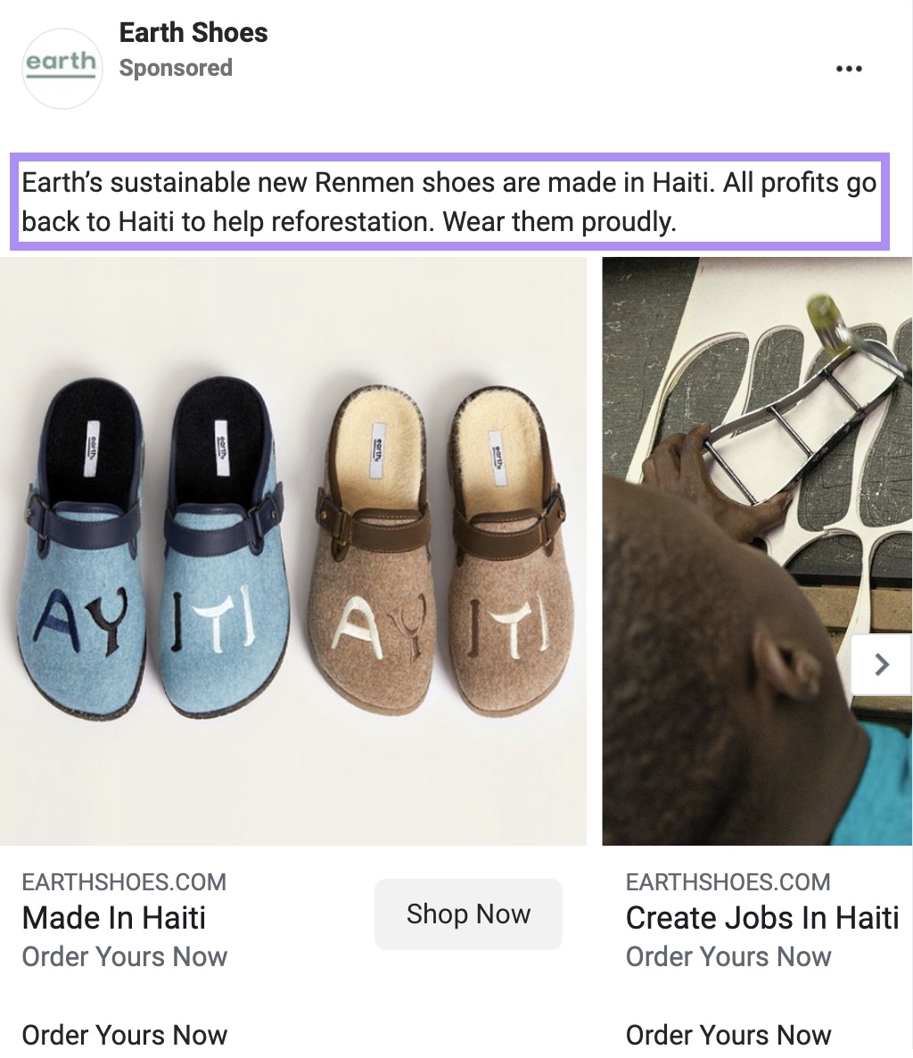 "Earth's sustainable new Renmen shoes are made in Haiti. All profits go back to Haiti to help reforestation. Wear them proudly." copy