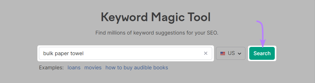 "bulk paper towel" entered into Keyword Magic Tool search bar