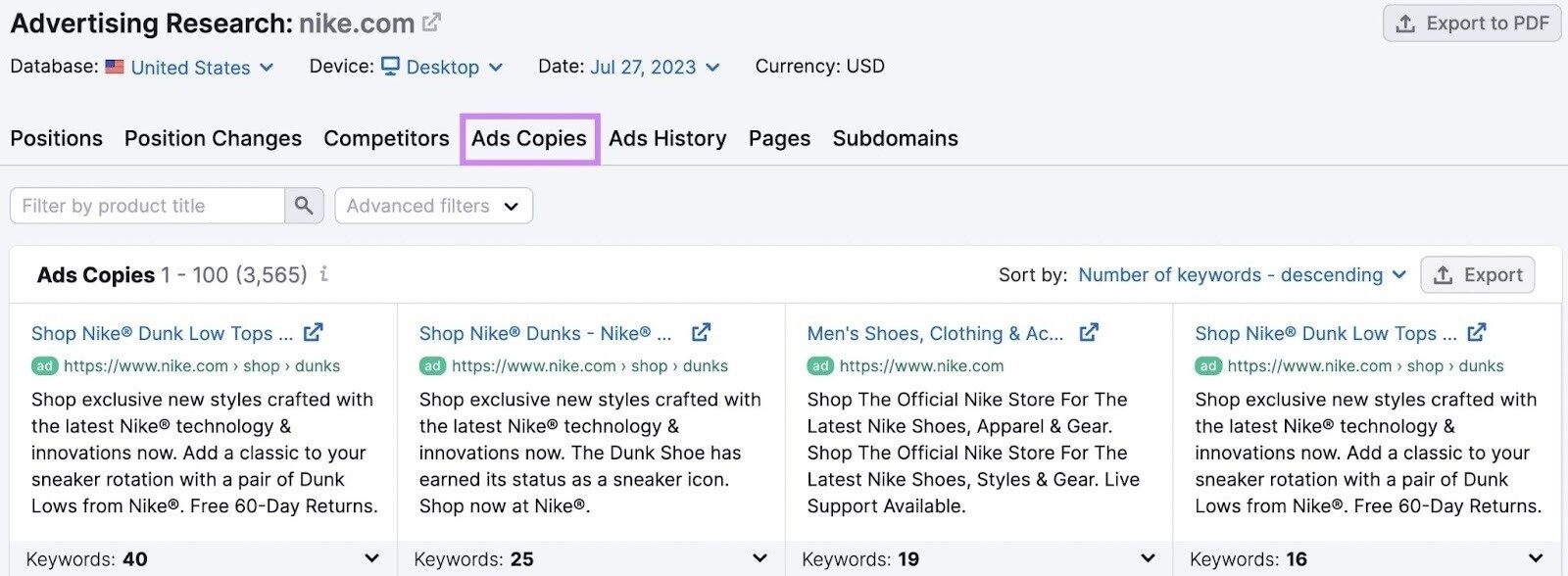 in “Ads Copies” tab in Advertising Research tool you can find see your competitors’ actual ad copy and the corresponding keywords