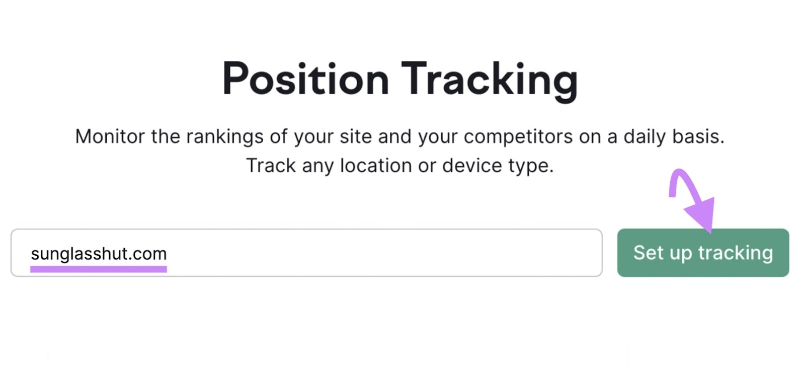"sunglasshut.com" entered into the Position Tracking tool search bar