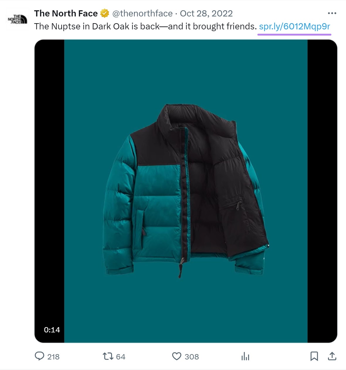 Postagem nas redes sociais da The North Face com um link para um de seus produtos.