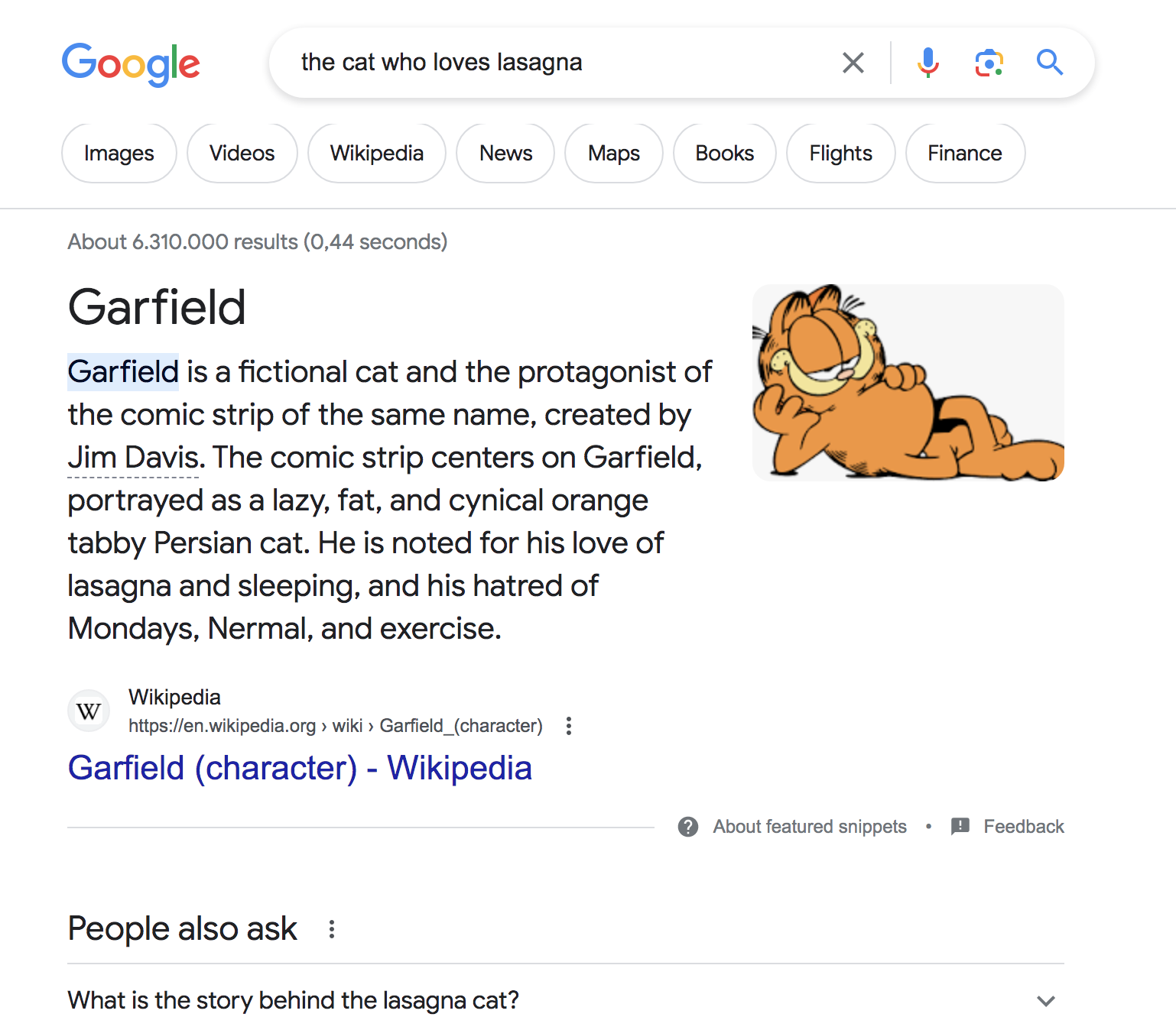 Garfield comes as Google's first result for "the cat who loves lasagna" query