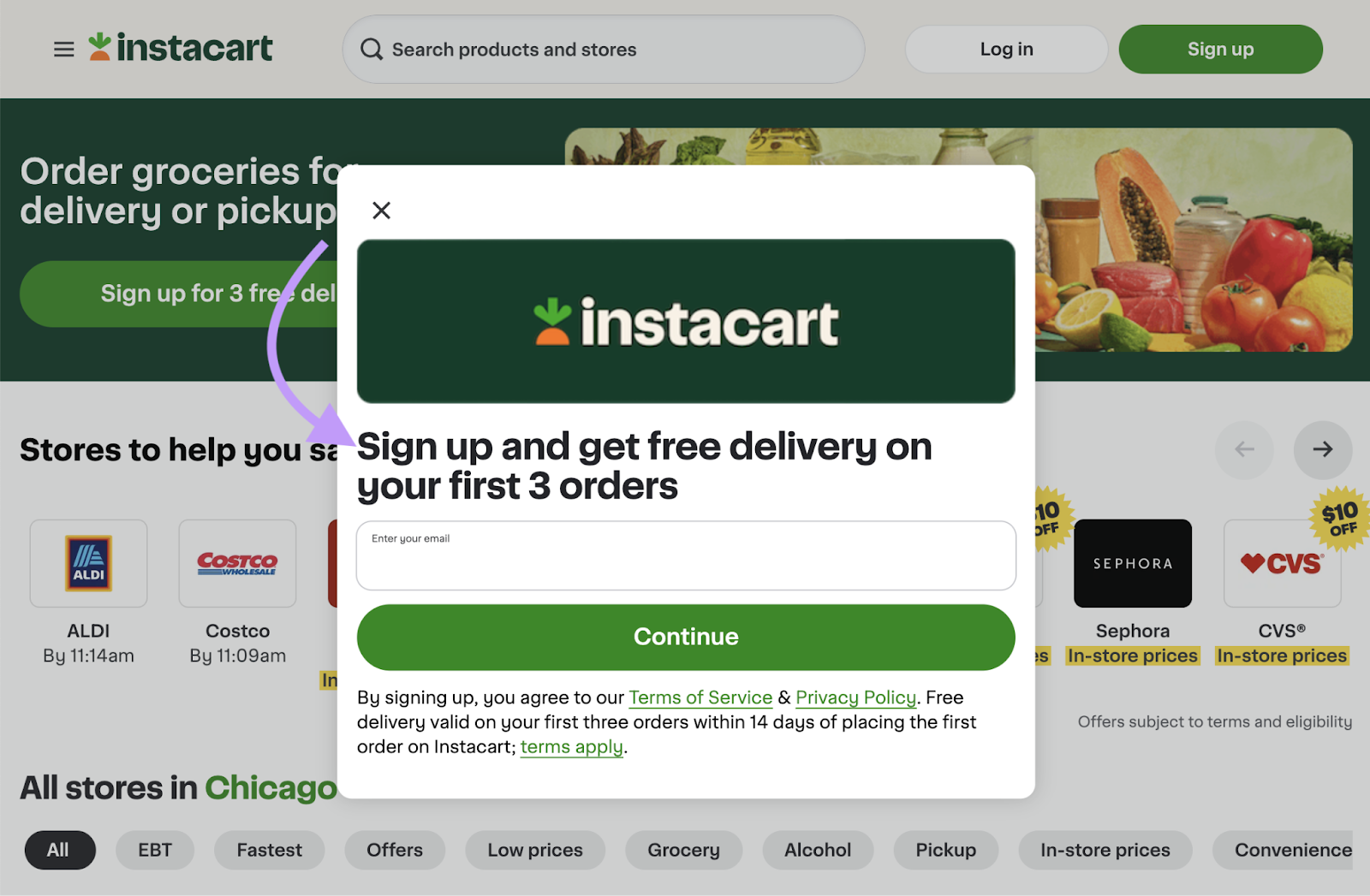 instacart incentive makes the offer and asks for email to continue