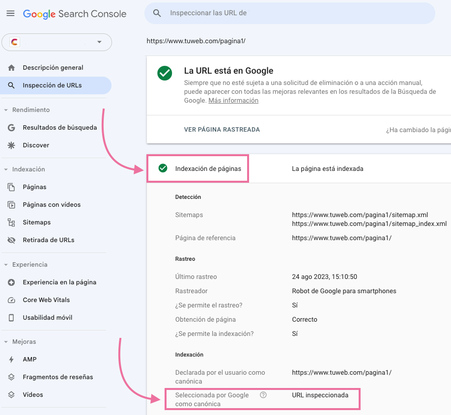 Sección "Indexación de páginas" en Google Search Console